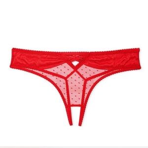 Victorias Secret Red Polka Dot Satin Bow Crotchless Panty Sz S